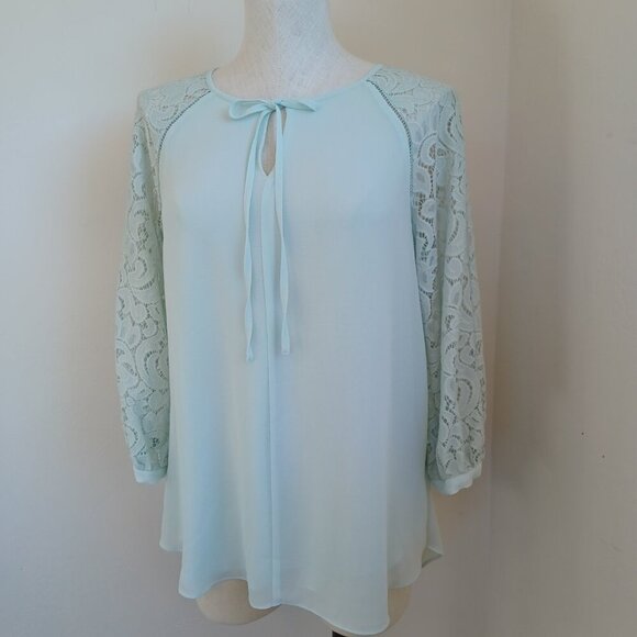 Haute Hippie Tribe Top Woven Chiffon Lace Sleeves Tie Neckline Womens XS - Picture 9 of 16